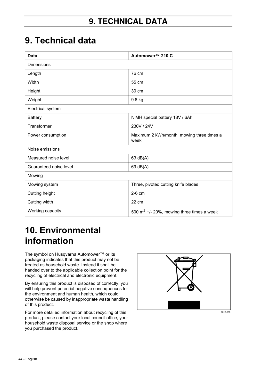 Husqvarna manual Technical data, Environmental, information, Technical Data, Automower 210 C 