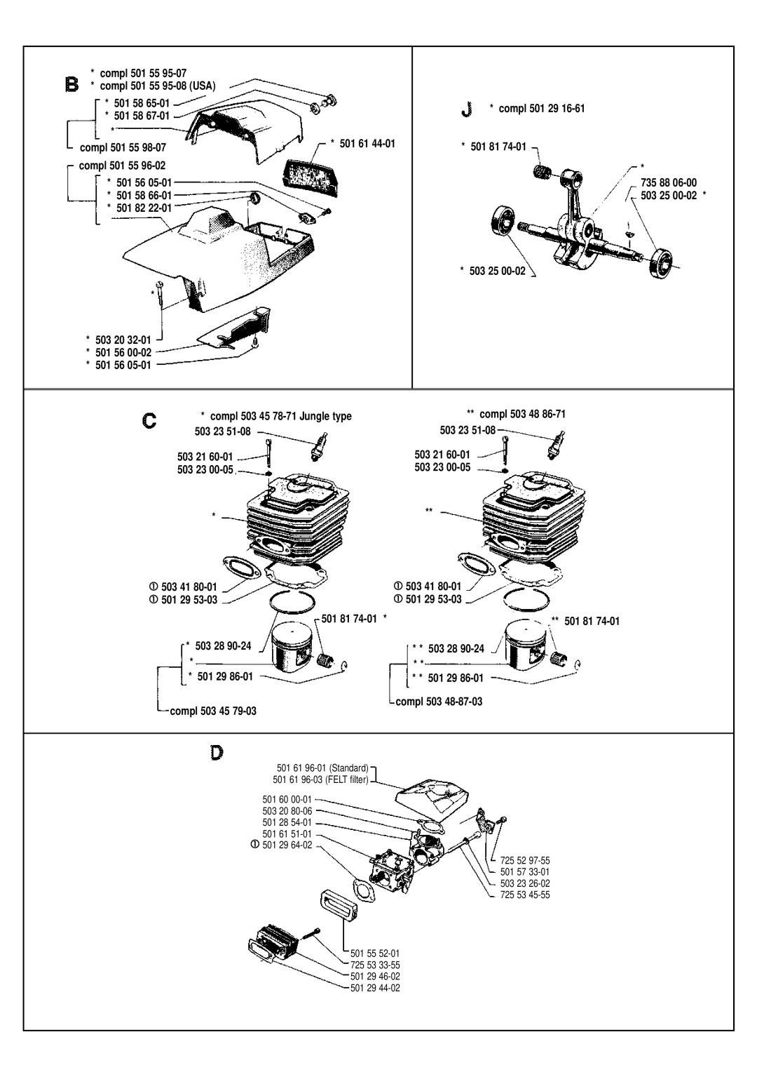 Husqvarna 2101 manual Compl 501 55 Compl 501 55 95-08 USA 501 58, Compl 503 48, 503 23, 501 29, Compl 503 Compl 503 45 