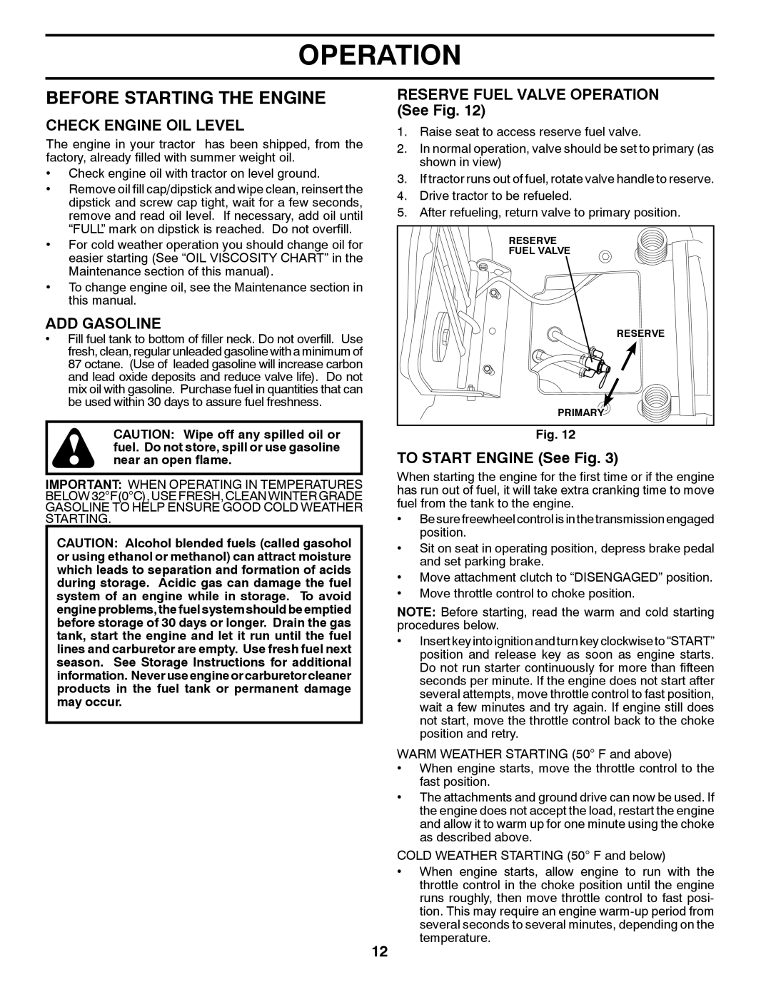 Husqvarna 2146XLS Before Starting the Engine, Check Engine OIL Level, ADD Gasoline, Reserve Fuel Valve Operation See Fig 