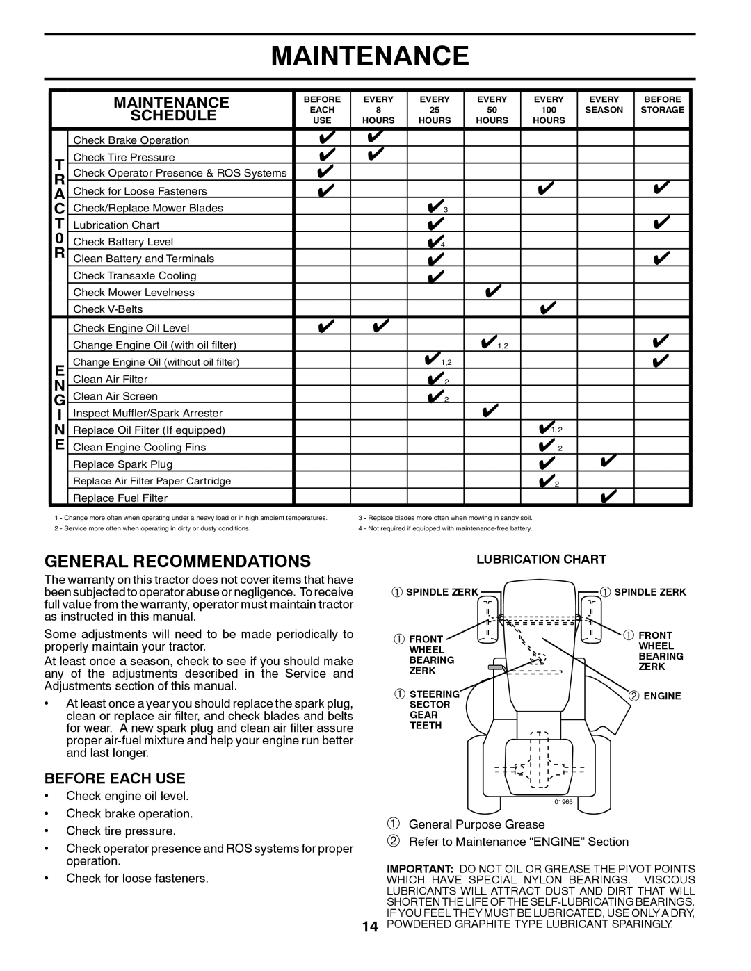 Husqvarna 2146XLS owner manual Maintenance, General Recommendations, Schedule, Before Each USE 