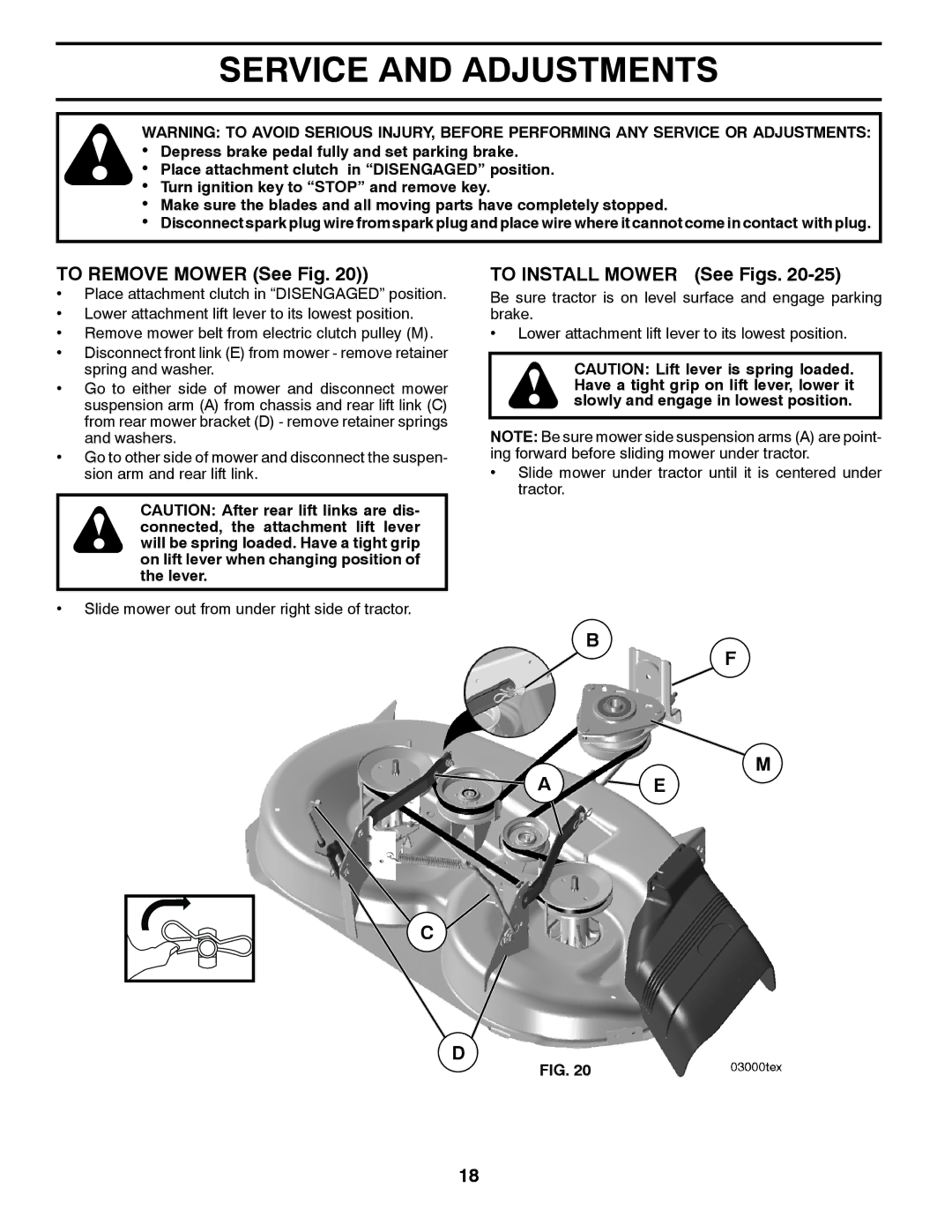 Husqvarna 2146XLS owner manual Service and Adjustments, To Remove Mower See Fig, To Install Mower See Figs 