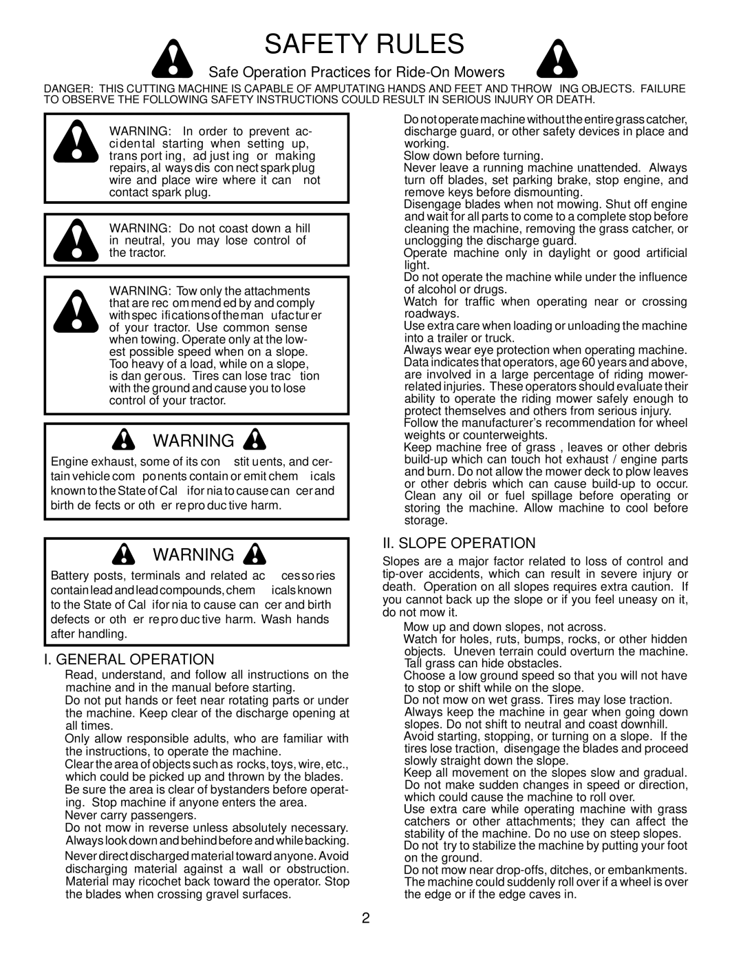 Husqvarna 2146XLS Safety Rules, Safe Operation Practices for Ride-On Mowers, General Operation, II. Slope Operation 