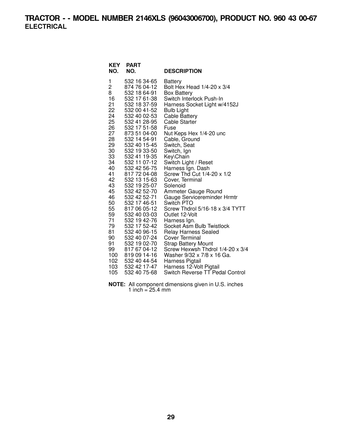 Husqvarna 2146XLS owner manual Electrical, KEY Part Description 