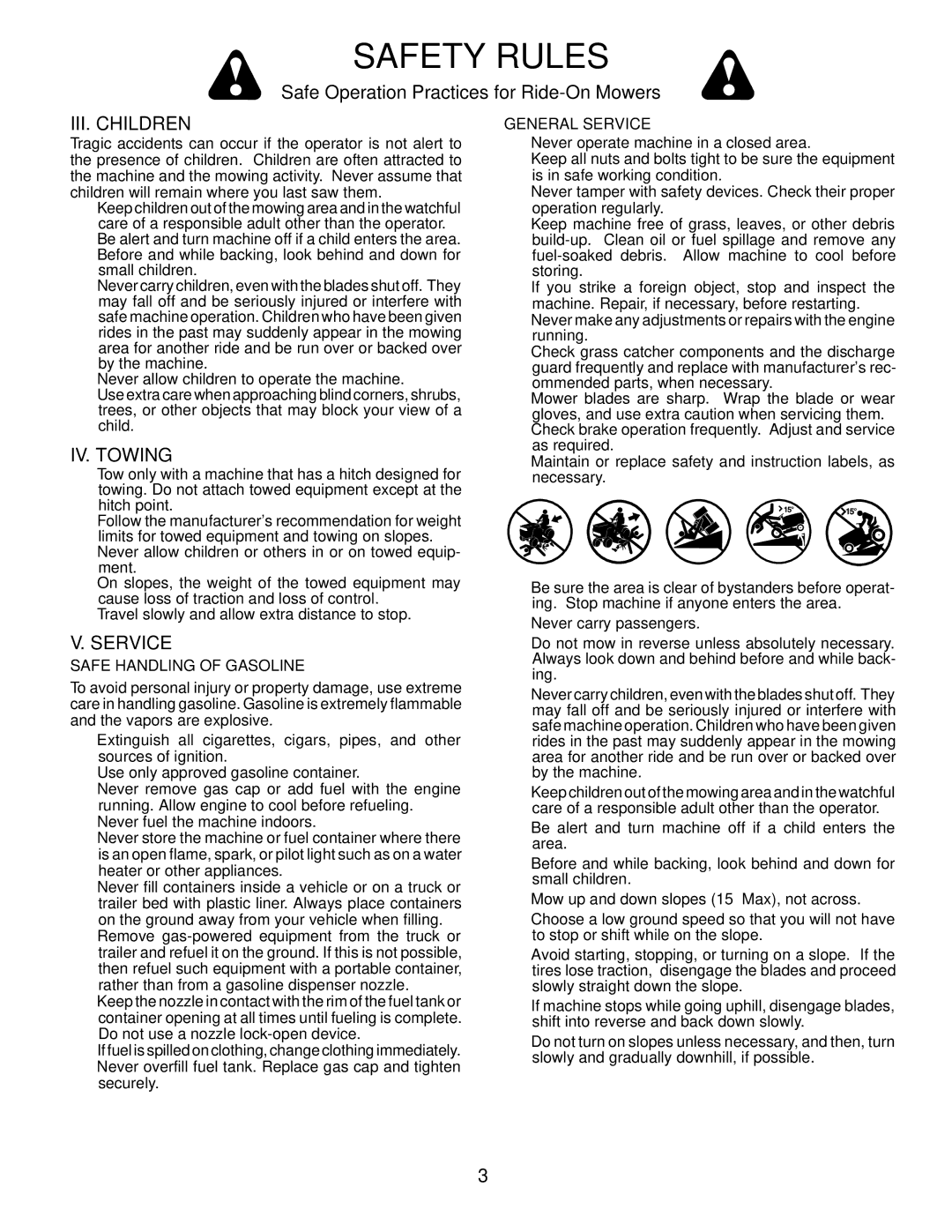 Husqvarna 2146XLS owner manual III. Children, IV. Towing, Safe Handling of Gasoline, General Service 