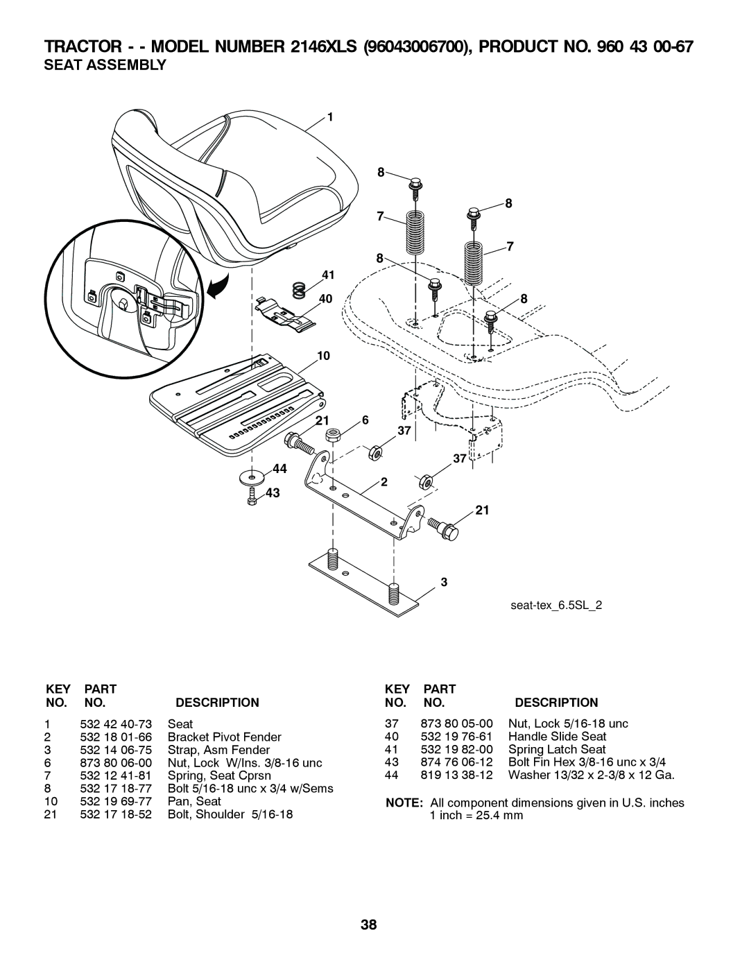 Husqvarna 2146XLS owner manual Seat Assembly, 532 42 Seat 