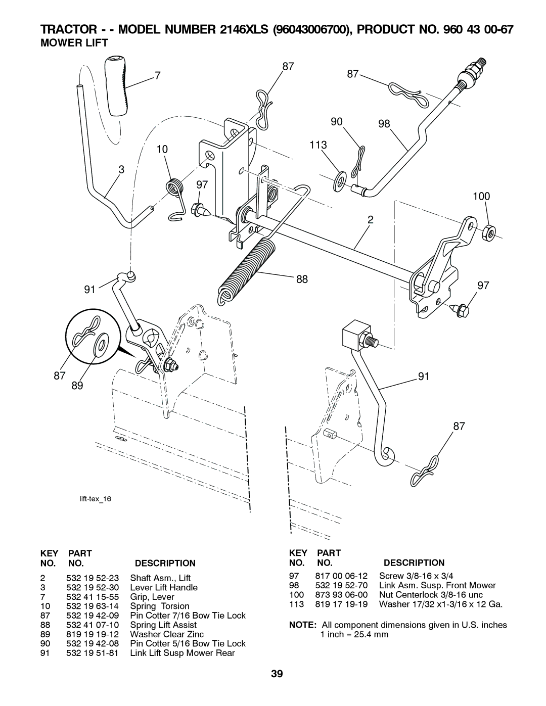 Husqvarna 2146XLS owner manual Mower Lift, 113 100 