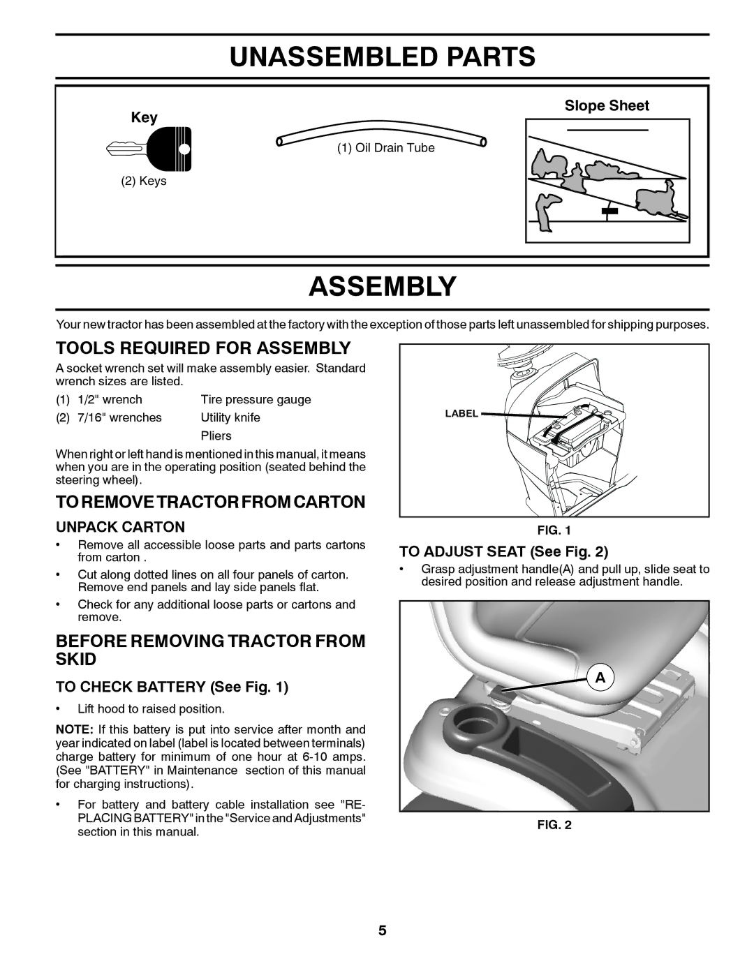 Husqvarna 2146XLS owner manual Unassembled Parts, Tools Required for Assembly, Toremovetractorfromcarton 