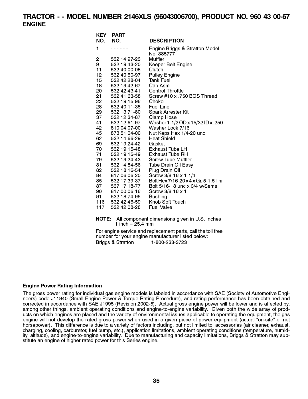 Husqvarna 2146XLS owner manual Part, Description, Engine Power Rating Information 