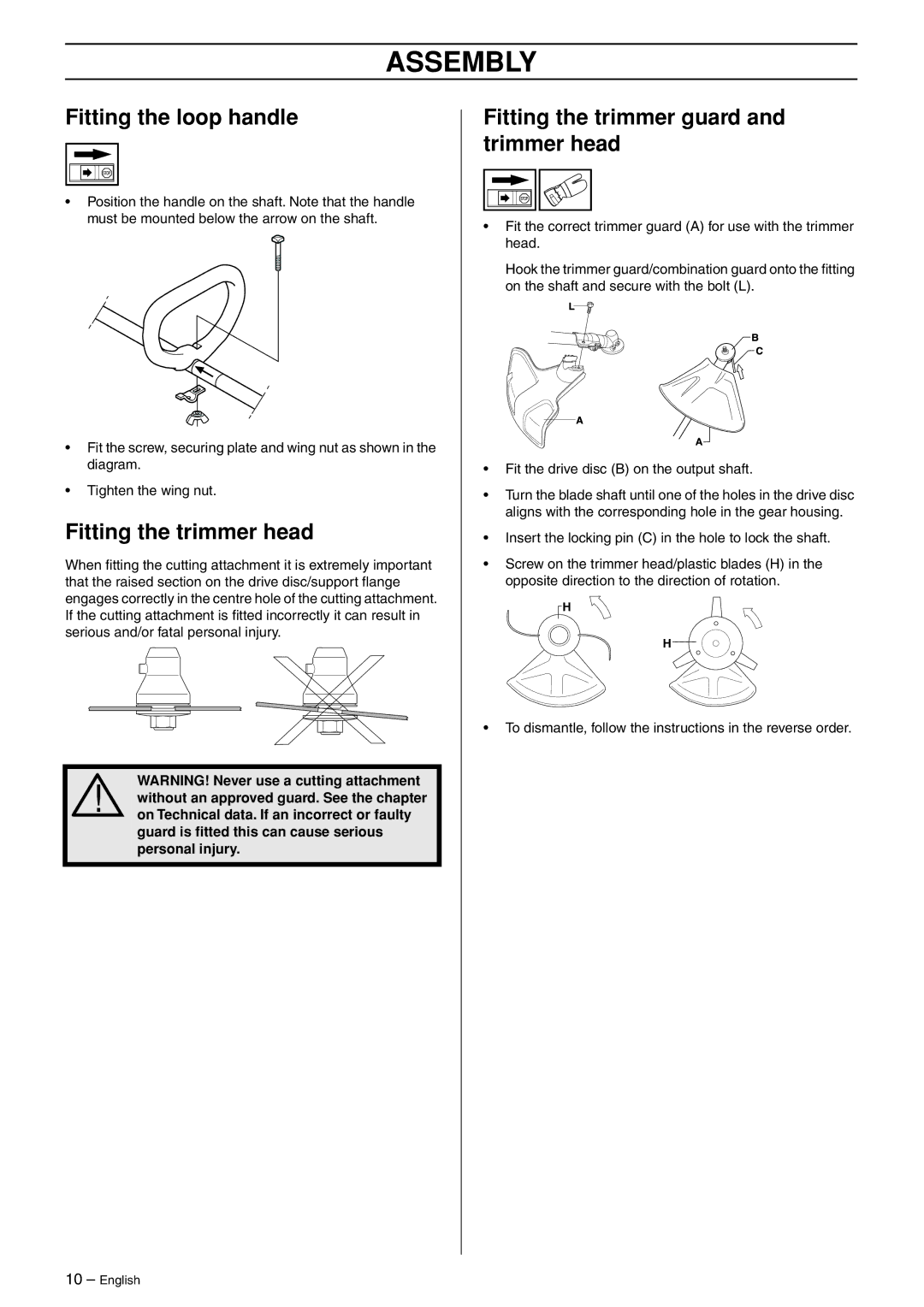 Husqvarna 223L Assembly, Fitting the loop handle, Fitting the trimmer head, Fitting the trimmer guard and trimmer head 