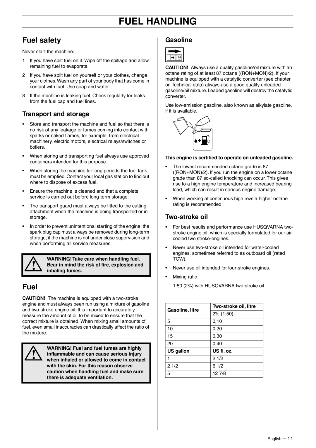 Husqvarna 223L manual Fuel Handling, Fuel safety 