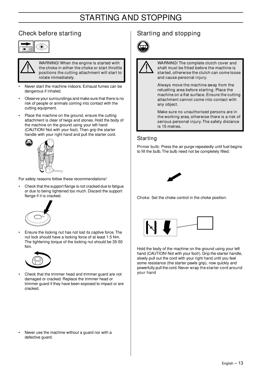 Husqvarna 223L manual Starting and Stopping, Check before starting, Starting and stopping 