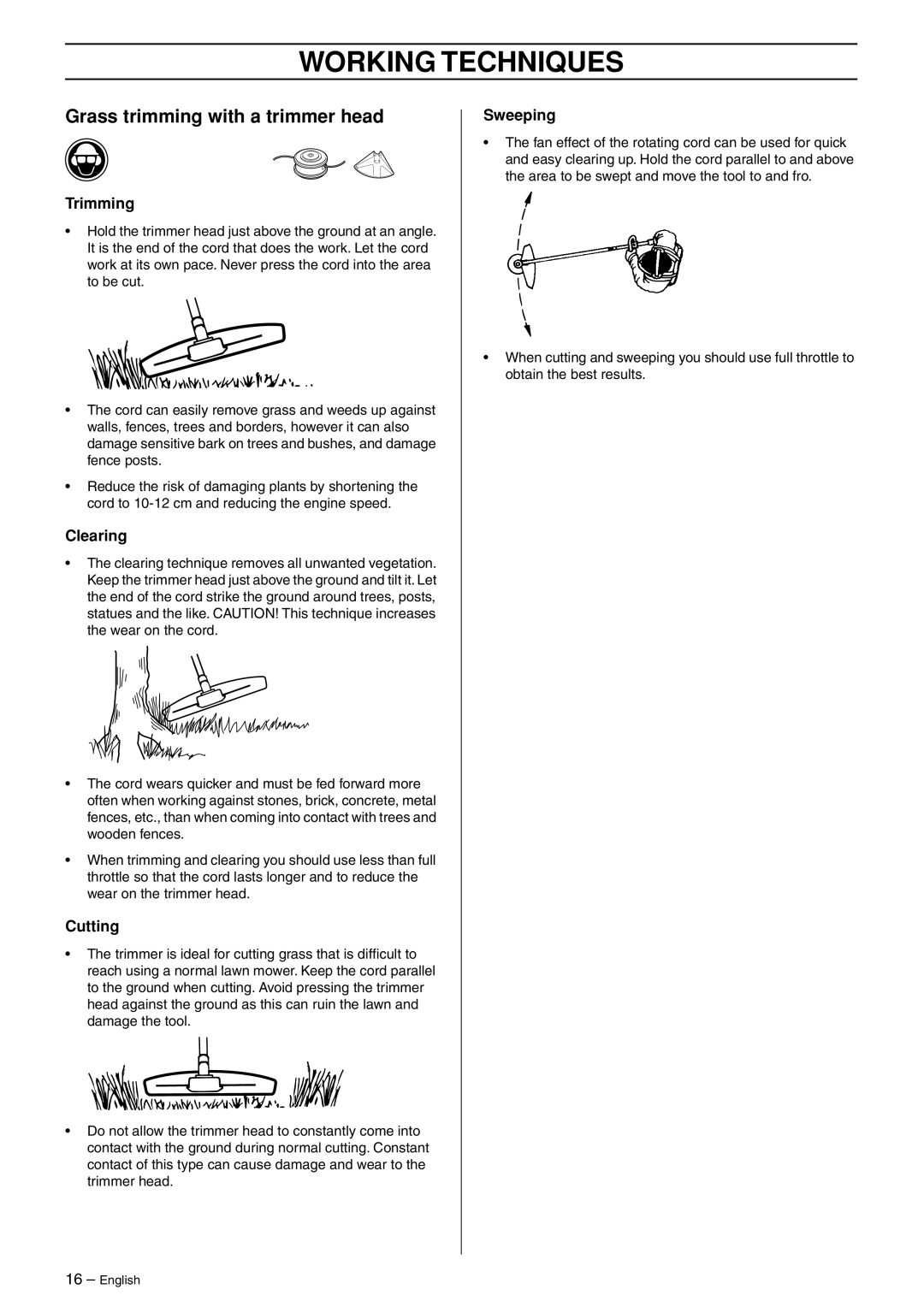 Husqvarna 223L manual Grass trimming with a trimmer head, Trimming 