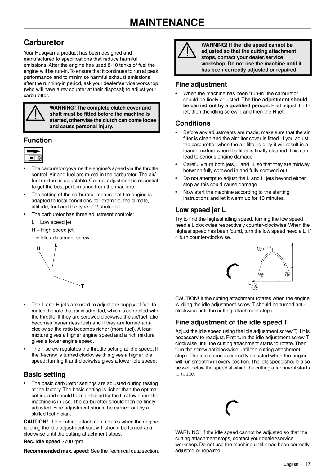 Husqvarna 223L manual Maintenance, Carburetor 