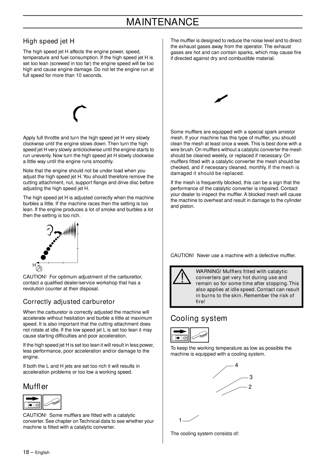 Husqvarna 223L manual Mufﬂer, Cooling system, High speed jet H, Correctly adjusted carburetor 