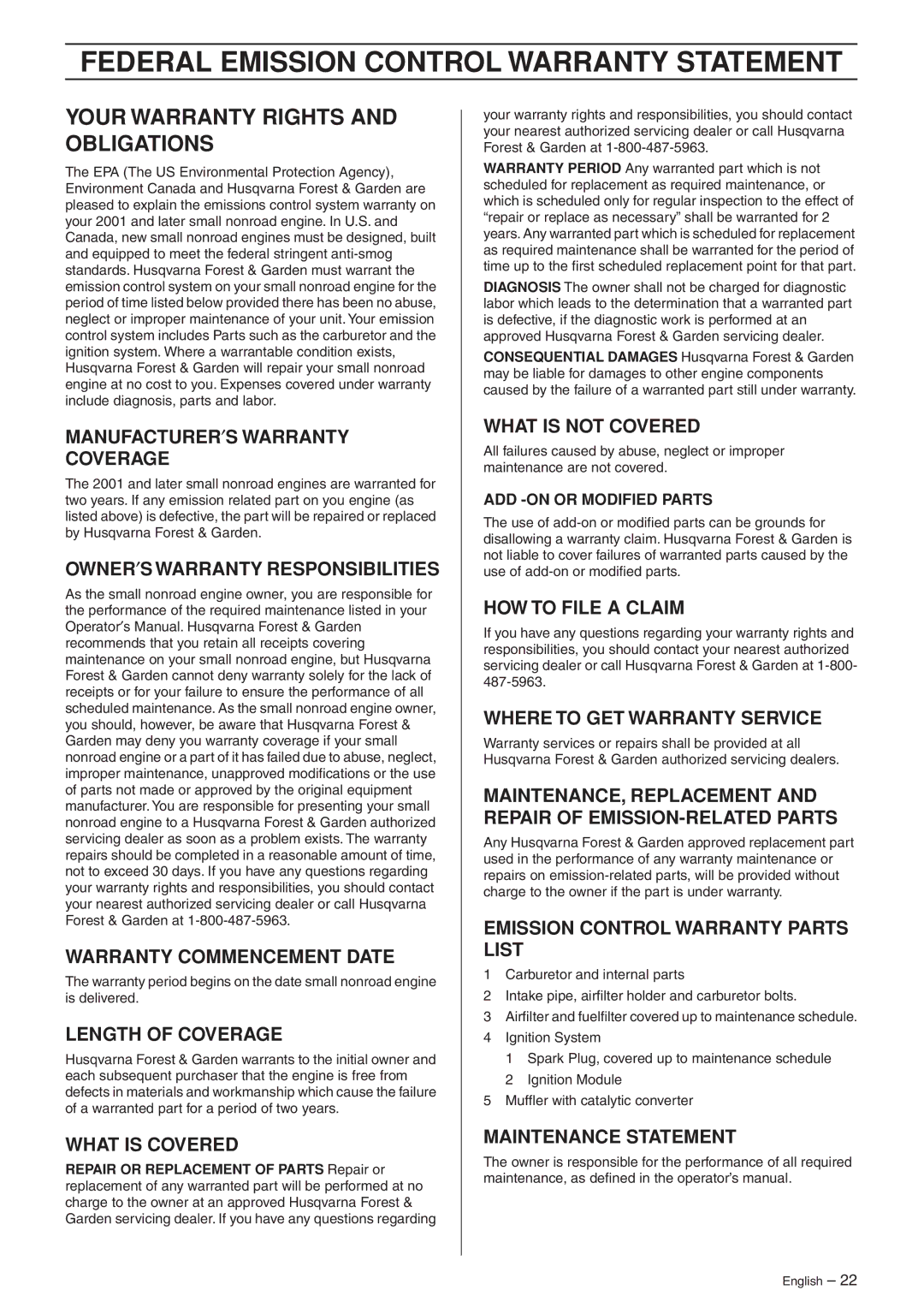 Husqvarna 223L manual Federal Emission Control Warranty Statement, Your Warranty Rights and Obligations 