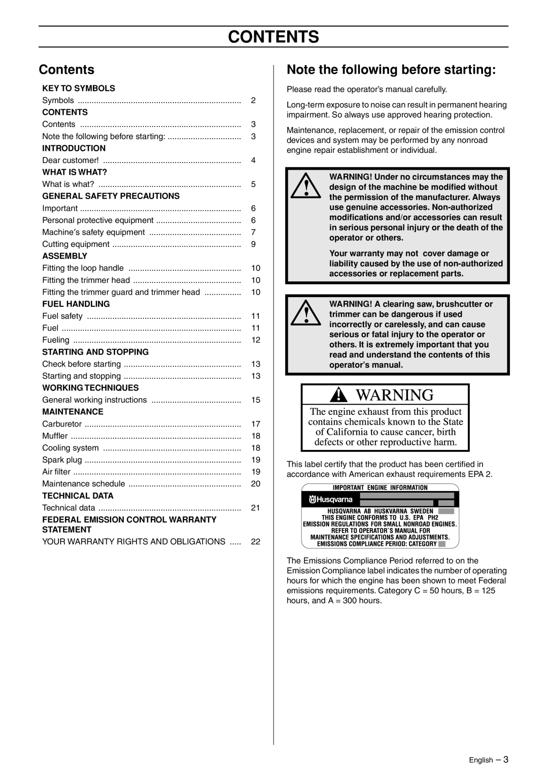 Husqvarna 223L manual Contents 