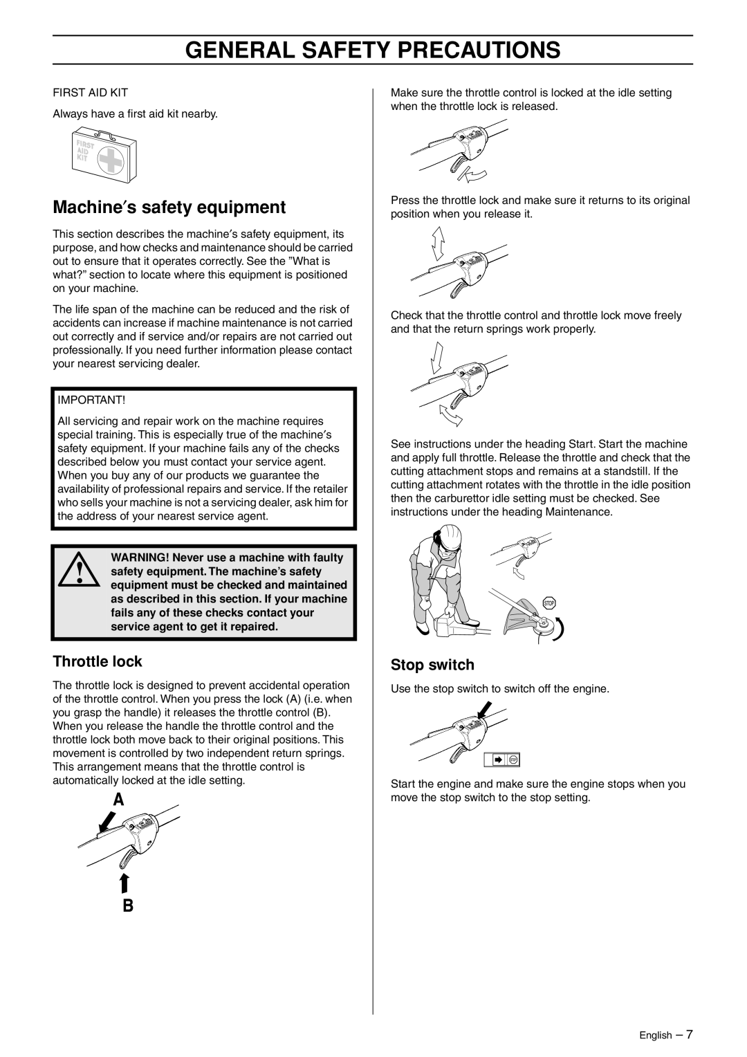 Husqvarna 223L manual Machine′s safety equipment, Throttle lock, Stop switch 