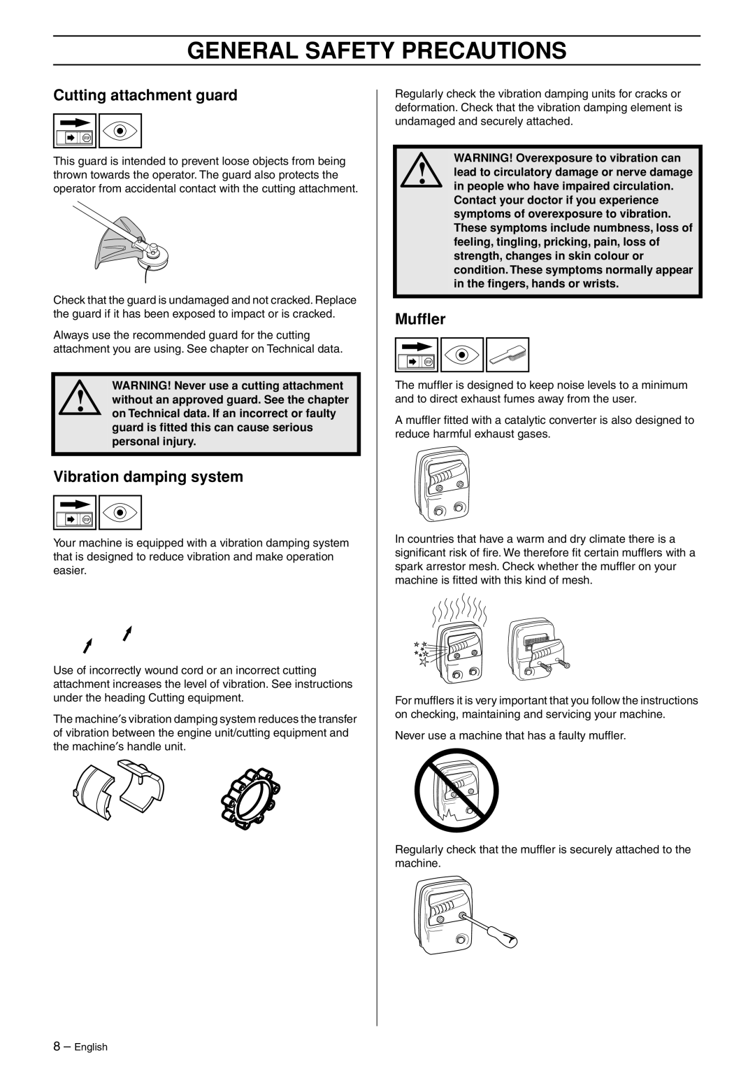 Husqvarna 223L manual Cutting attachment guard, Vibration damping system, Mufﬂer 