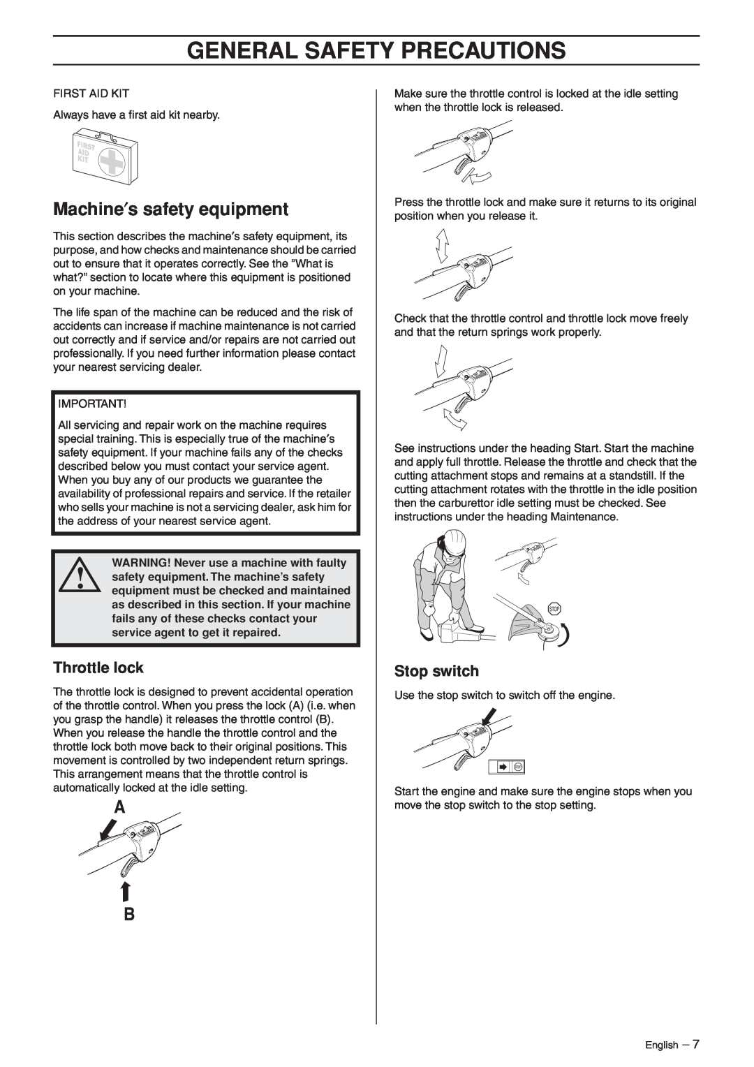 Husqvarna 223L manual Machine′s safety equipment, General Safety Precautions, Throttle lock, Stop switch 