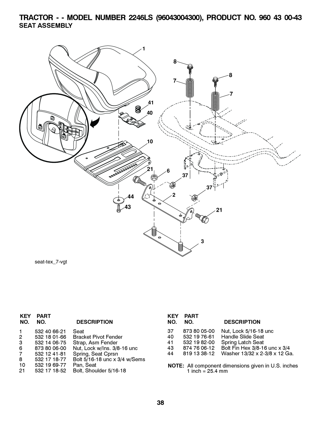 Husqvarna Seat Assembly, TRACTOR - - MODEL NUMBER 2246LS 96043004300, PRODUCT NO. 960 43, Part, Description, 532 40 