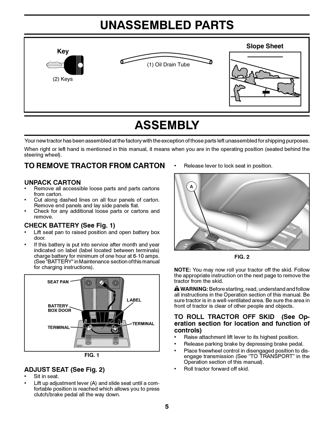 Husqvarna 2246LS owner manual Unassembled Parts, Assembly, To Remove Tractor From Carton, Slope Sheet Key, Unpack Carton 