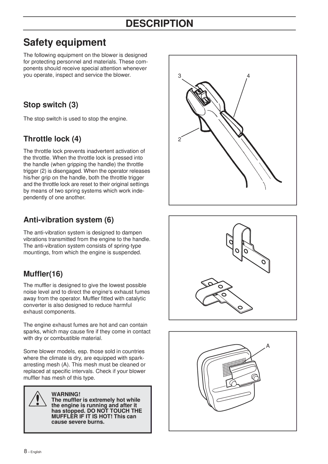 Husqvarna 225 HBV manual Stop switch, Throttle lock, Anti-vibration system, Muffler16 