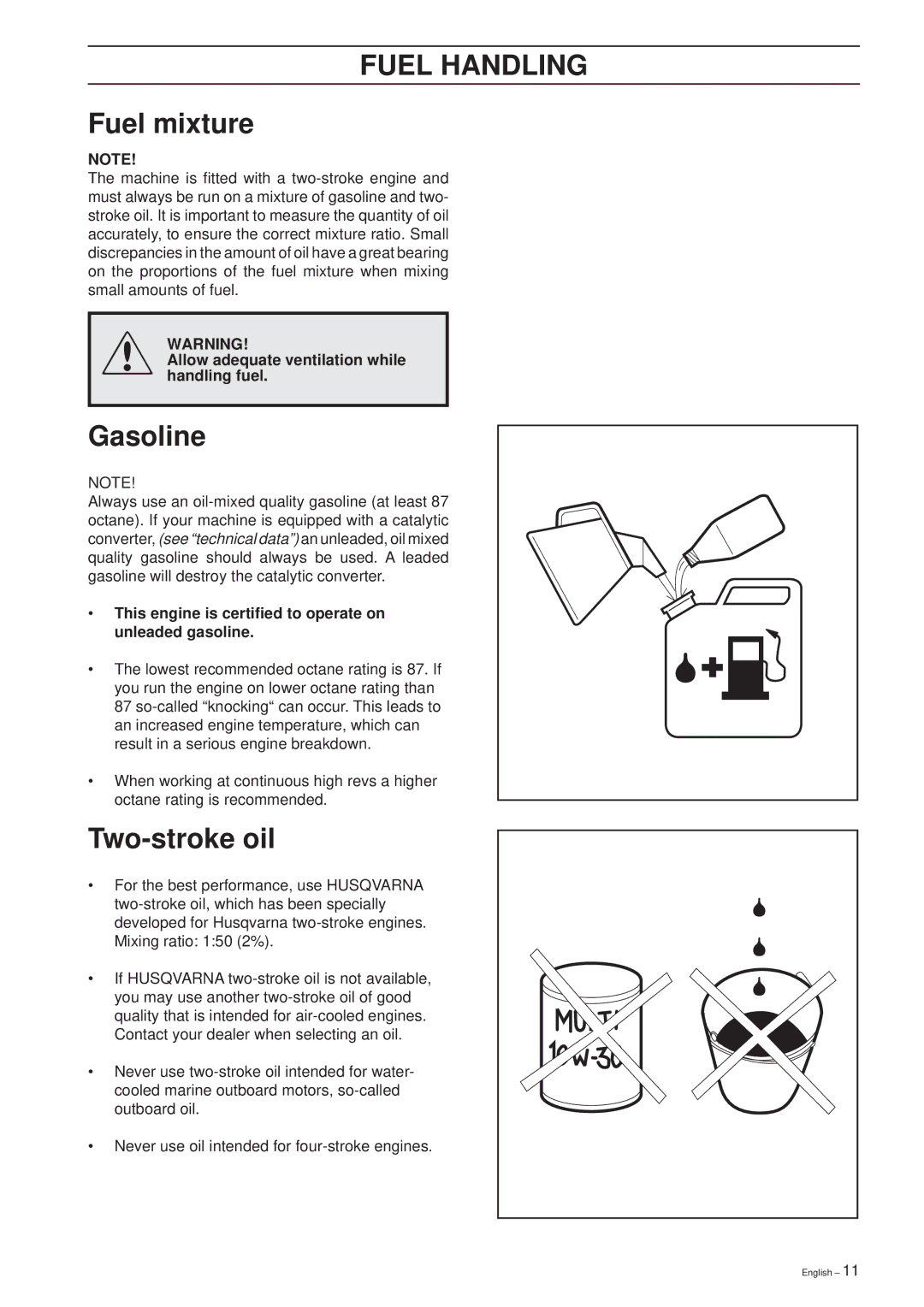 Husqvarna 225 HBV manual Fuel Handling, Fuel mixture, Gasoline, Two-stroke oil 