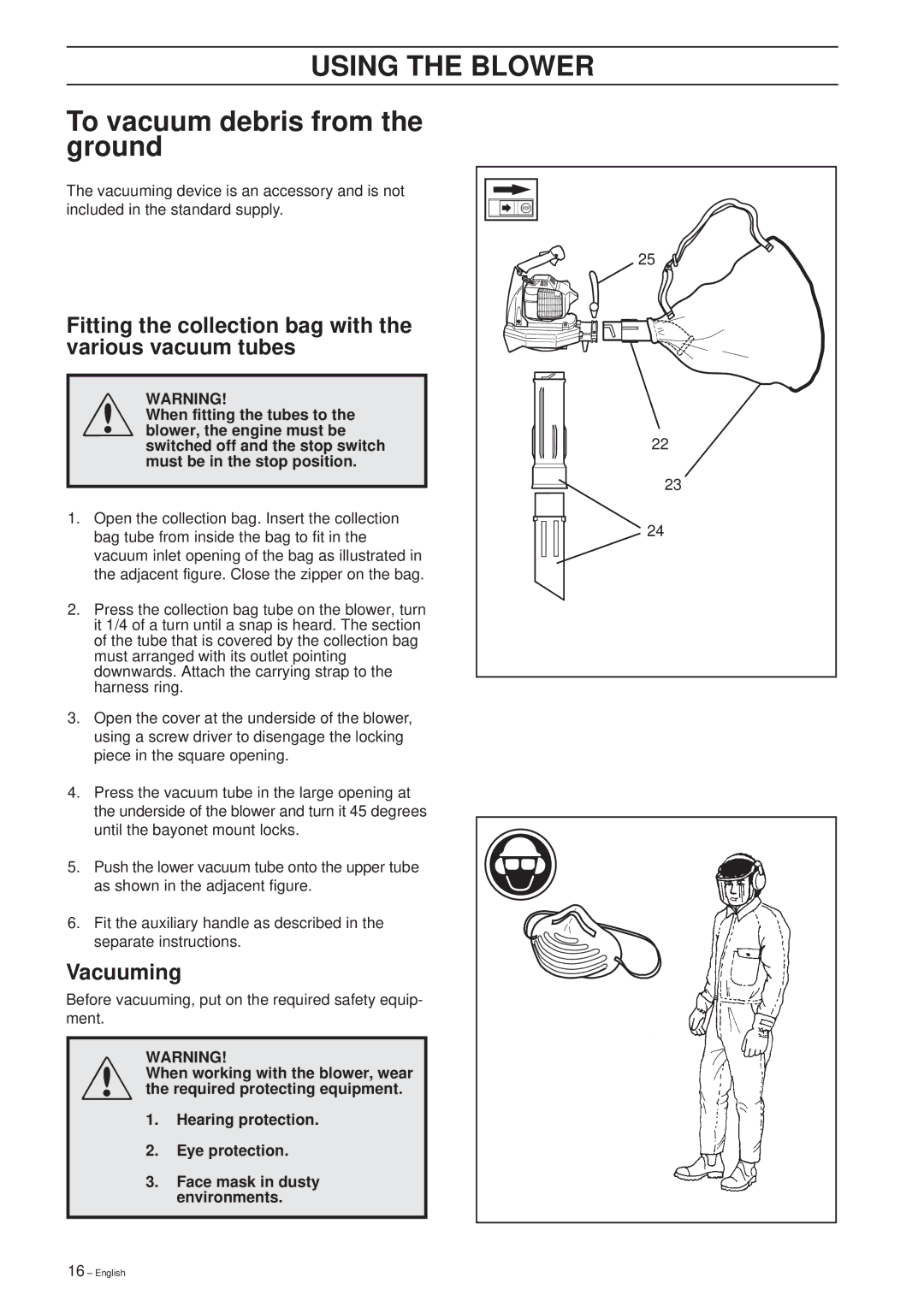 Husqvarna 225 HBV To vacuum debris from the ground, Fitting the collection bag with the various vacuum tubes, Vacuuming 