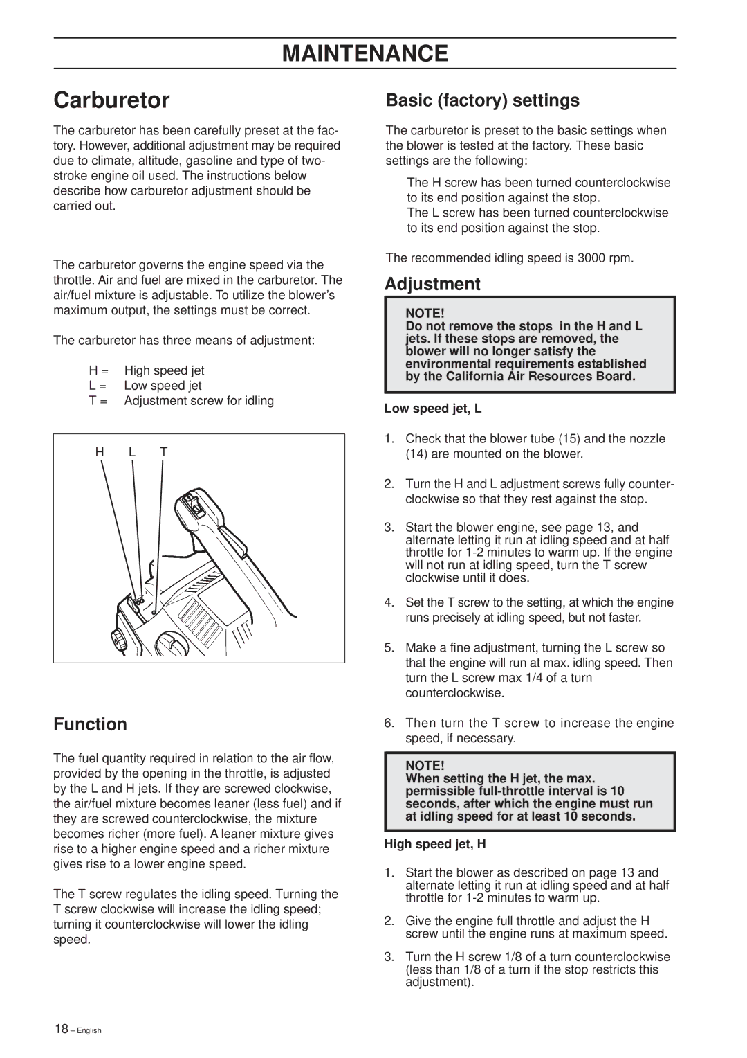 Husqvarna 225 HBV manual Maintenance, Carburetor, Basic factory settings, Function, Adjustment 