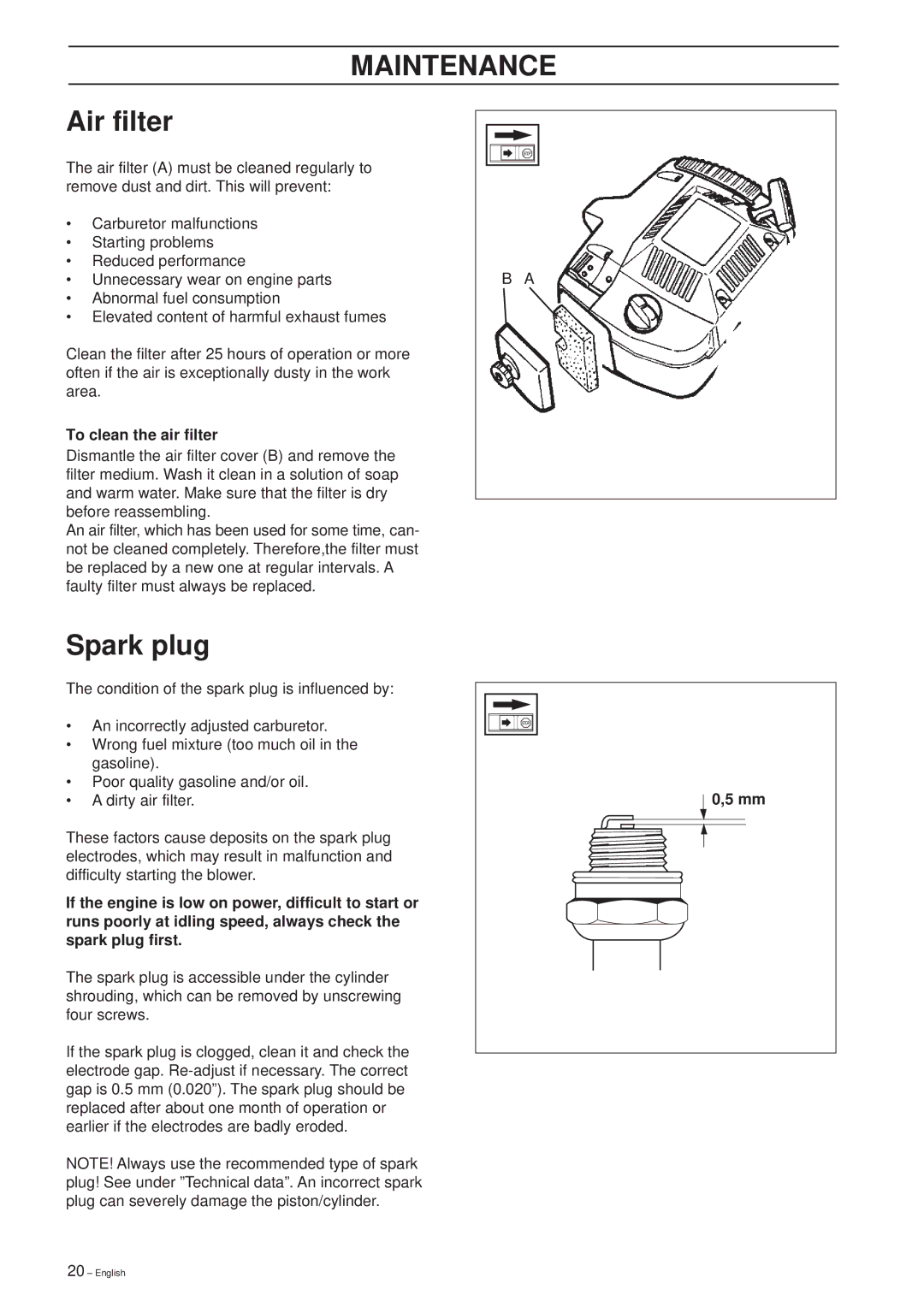 Husqvarna 225 HBV manual Air filter, Spark plug 