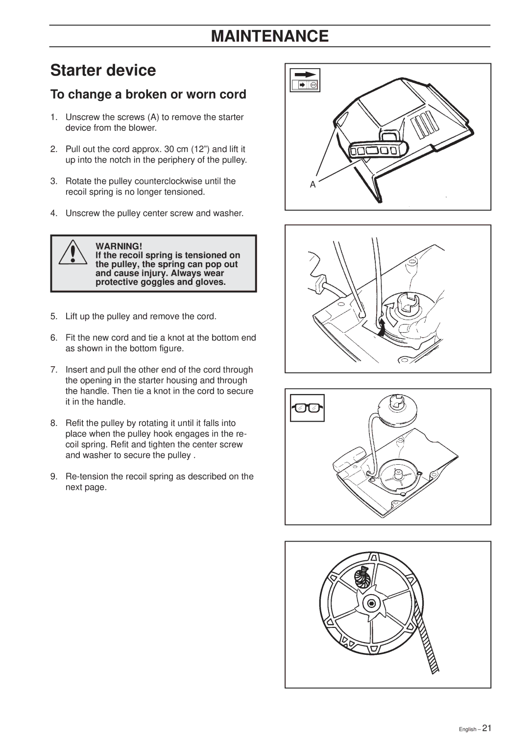 Husqvarna 225 HBV manual Starter device, To change a broken or worn cord 