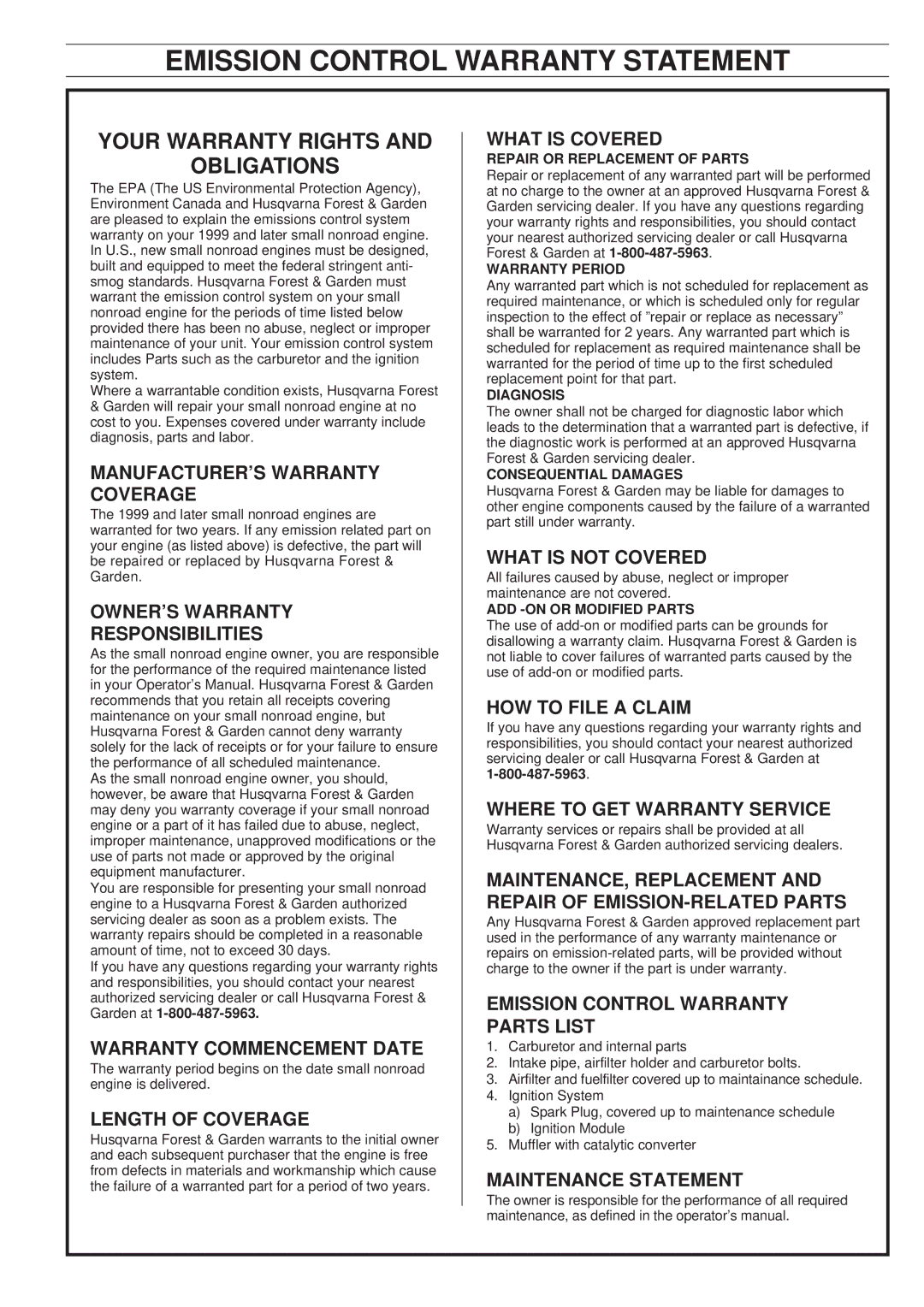 Husqvarna 225 HBV manual Emission Control Warranty Statement, Your Warranty Rights Obligations 