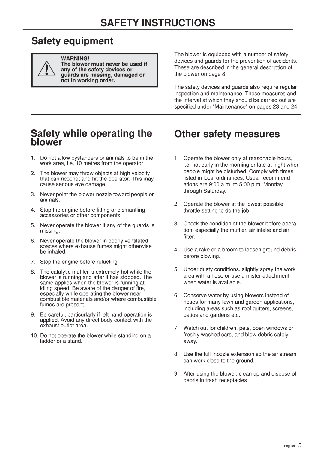 Husqvarna 225 HBV manual Safety equipment, Safety while operating the blower, Other safety measures 