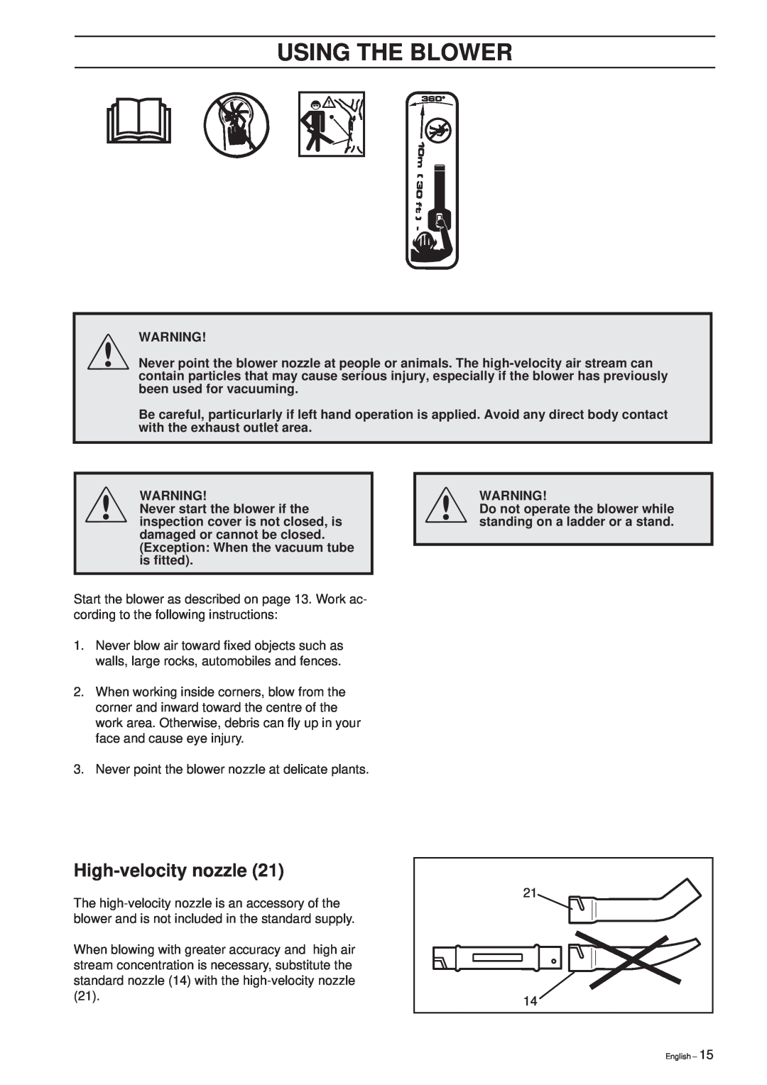 Husqvarna 225 HBV manual High-velocitynozzle, Using The Blower 