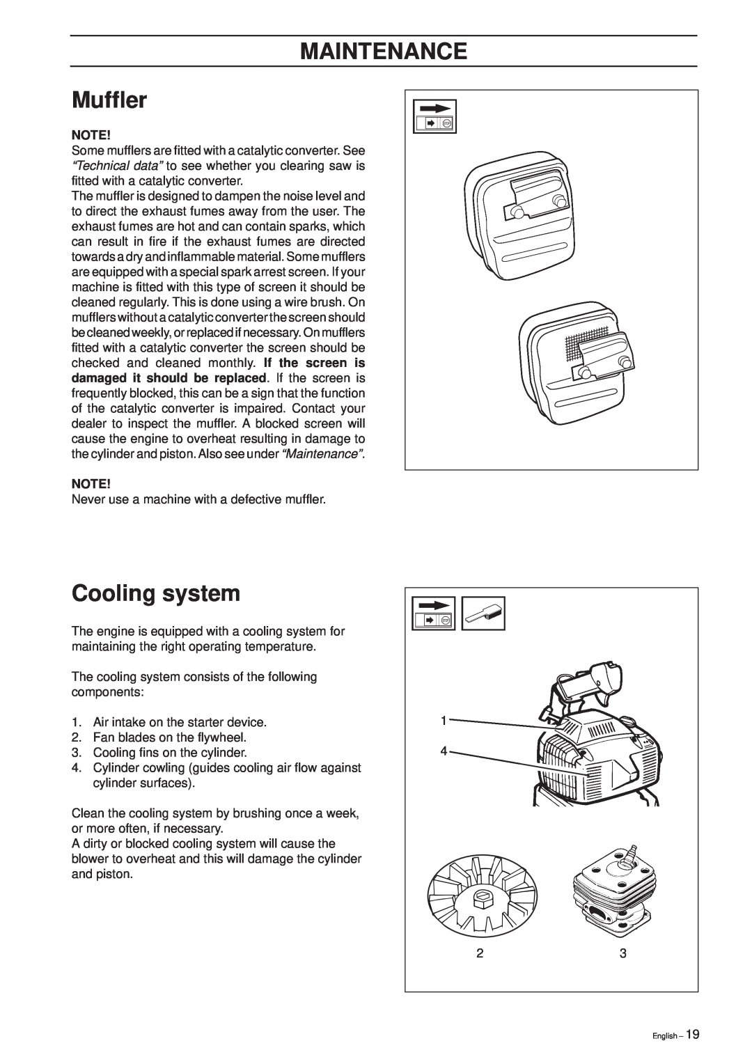 Husqvarna 225 HBV manual MAINTENANCE Muffler, Cooling system 