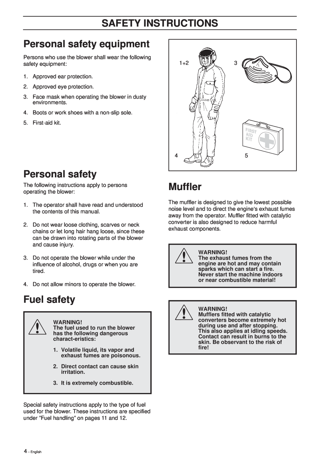 Husqvarna 225 HBV manual Safety Instructions, Personal safety equipment, Fuel safety, Muffler 