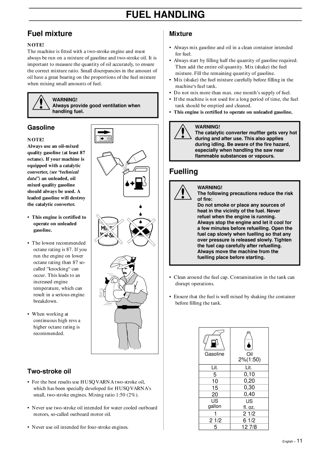 Husqvarna 225AI15/AI25 manual Fuel Handling, Fuel mixture, Fuelling 