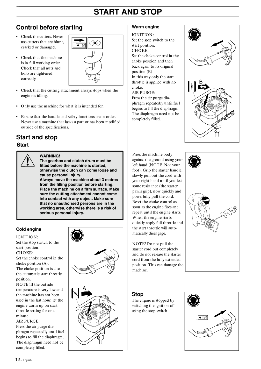Husqvarna 225AI15/AI25 manual Start and Stop, Control before starting, Start and stop 