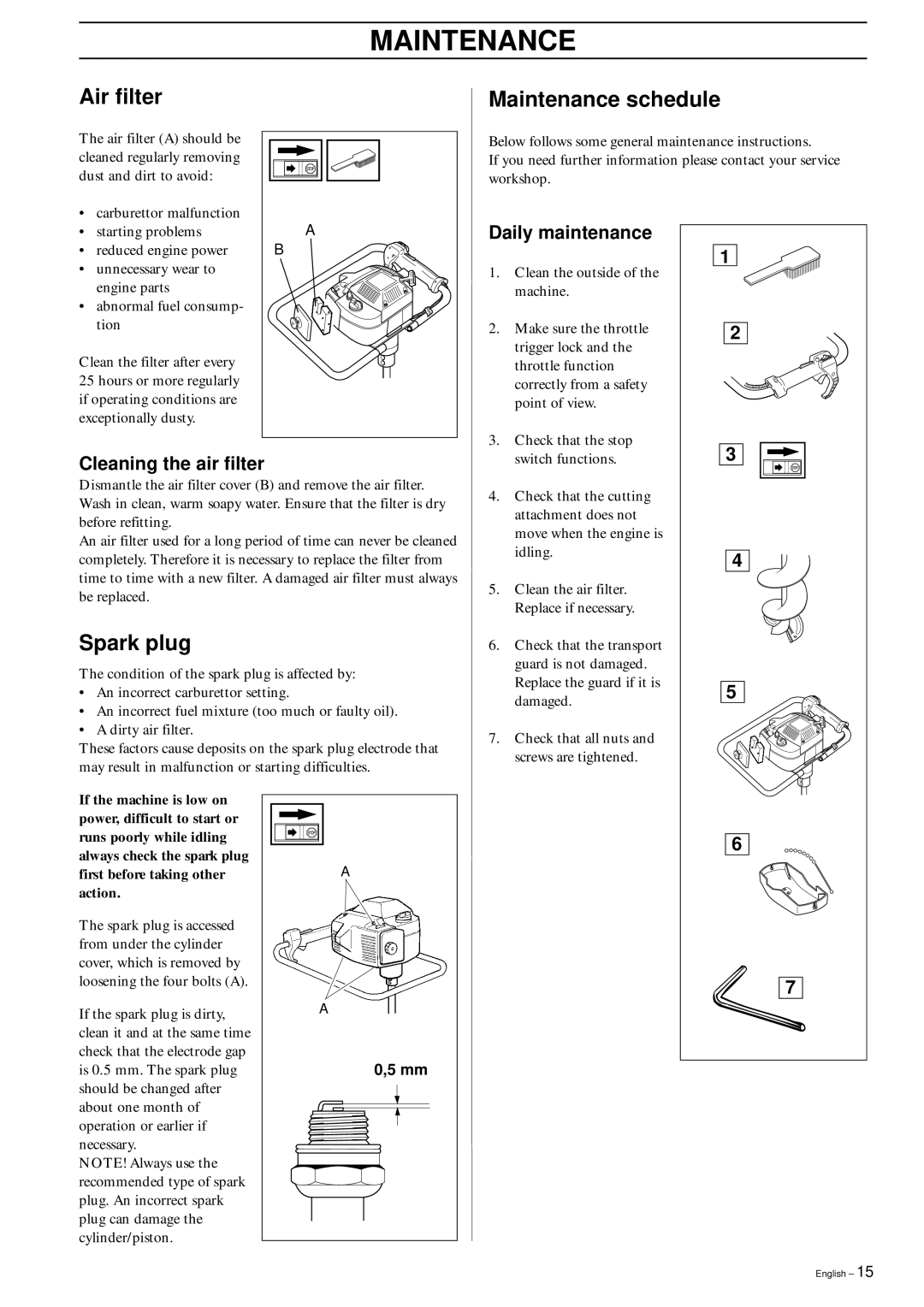 Husqvarna 225AI15/AI25 manual Air filter Maintenance schedule, Spark plug, Daily maintenance, Cleaning the air filter 