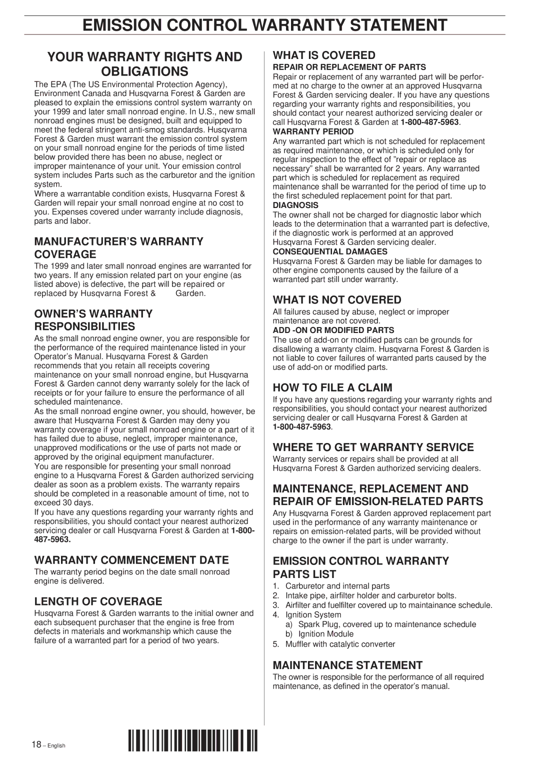 Husqvarna 225AI15/AI25 manual Emission Control Warranty Statement, Your Warranty Rights Obligations 