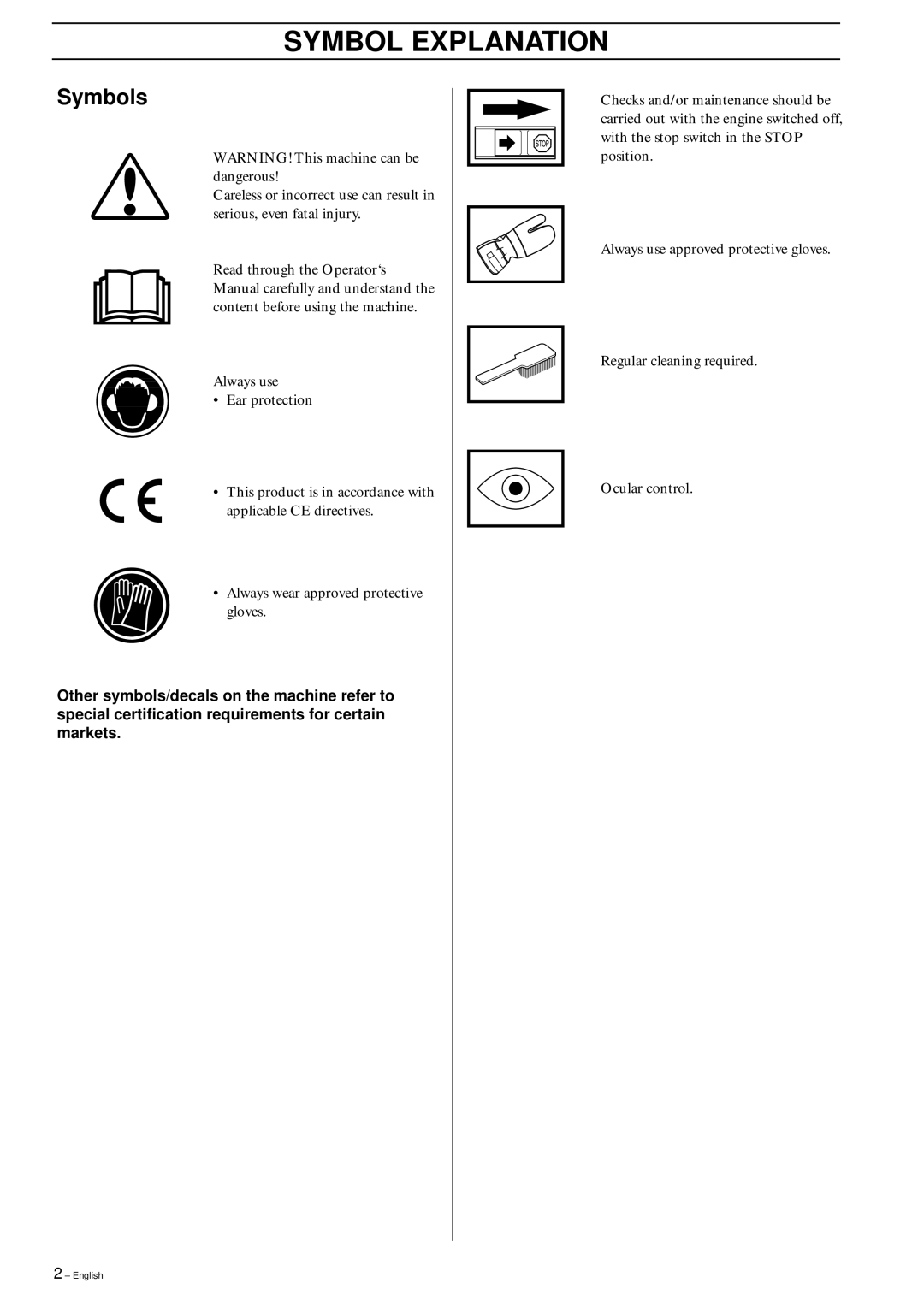 Husqvarna 225AI15/AI25 manual Symbol Explanation, Symbols 