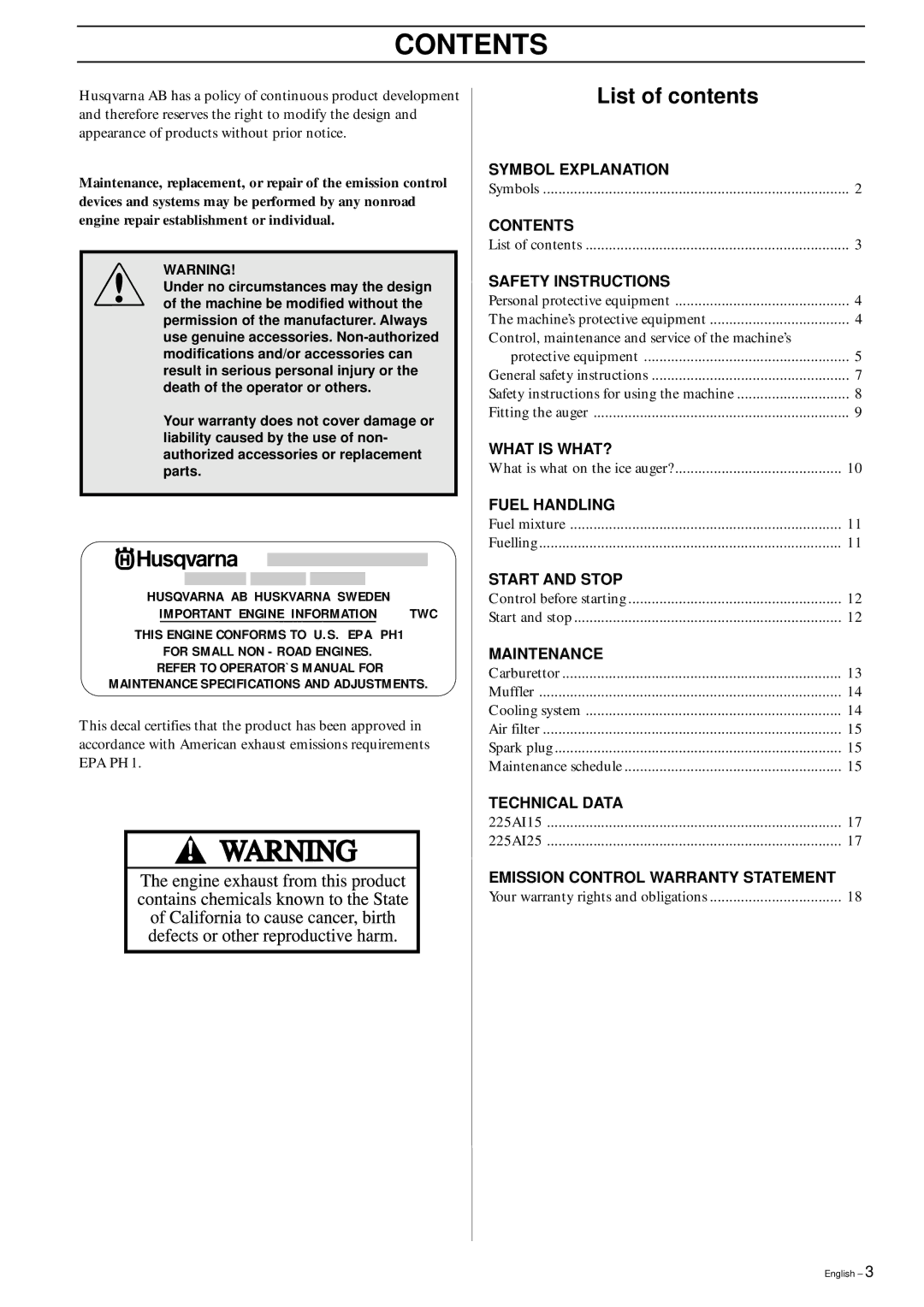 Husqvarna 225AI15/AI25 manual Contents 