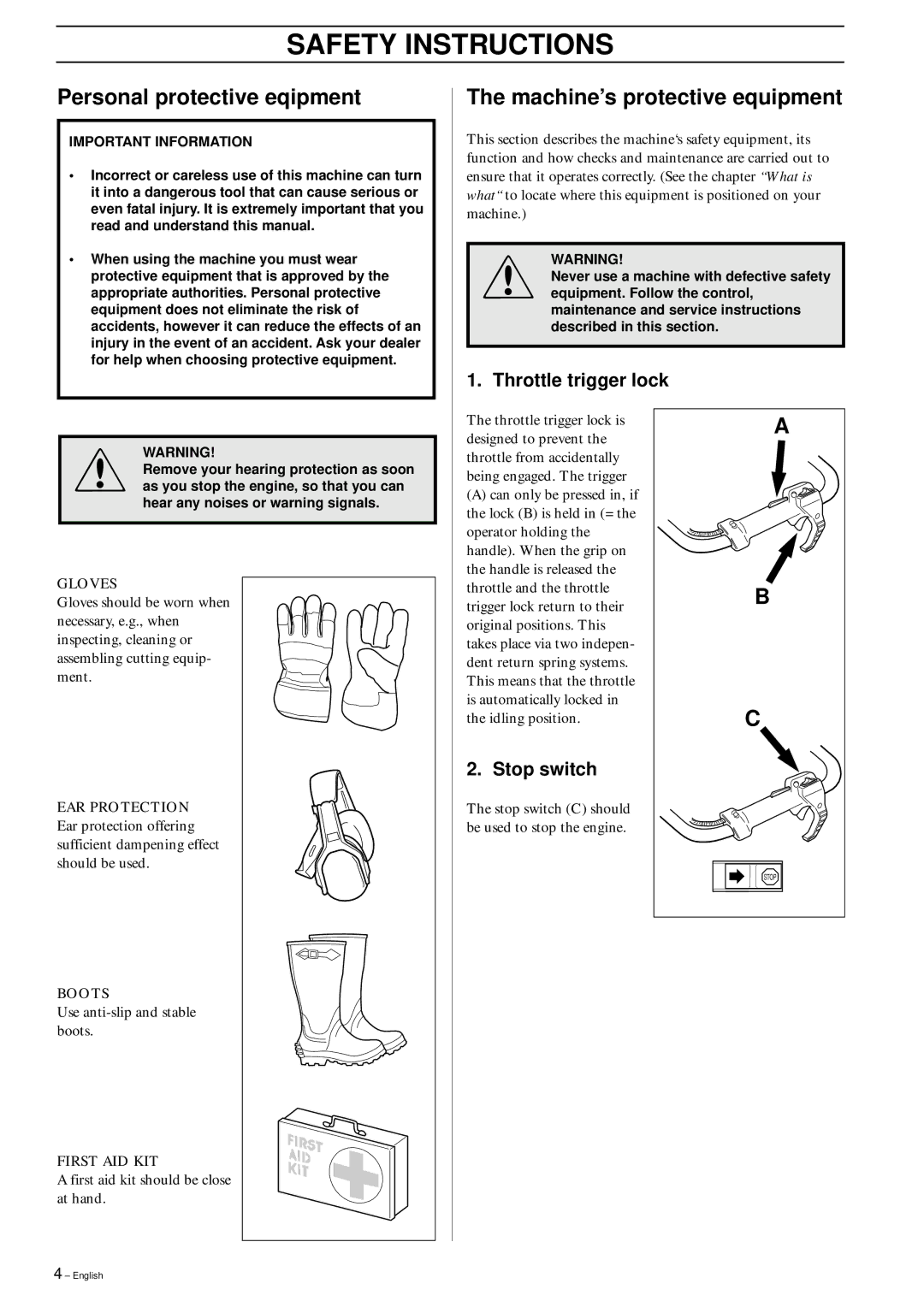 Husqvarna 225AI15/AI25 Safety Instructions, Personal protective eqipment, Machine’s protective equipment, Stop switch 