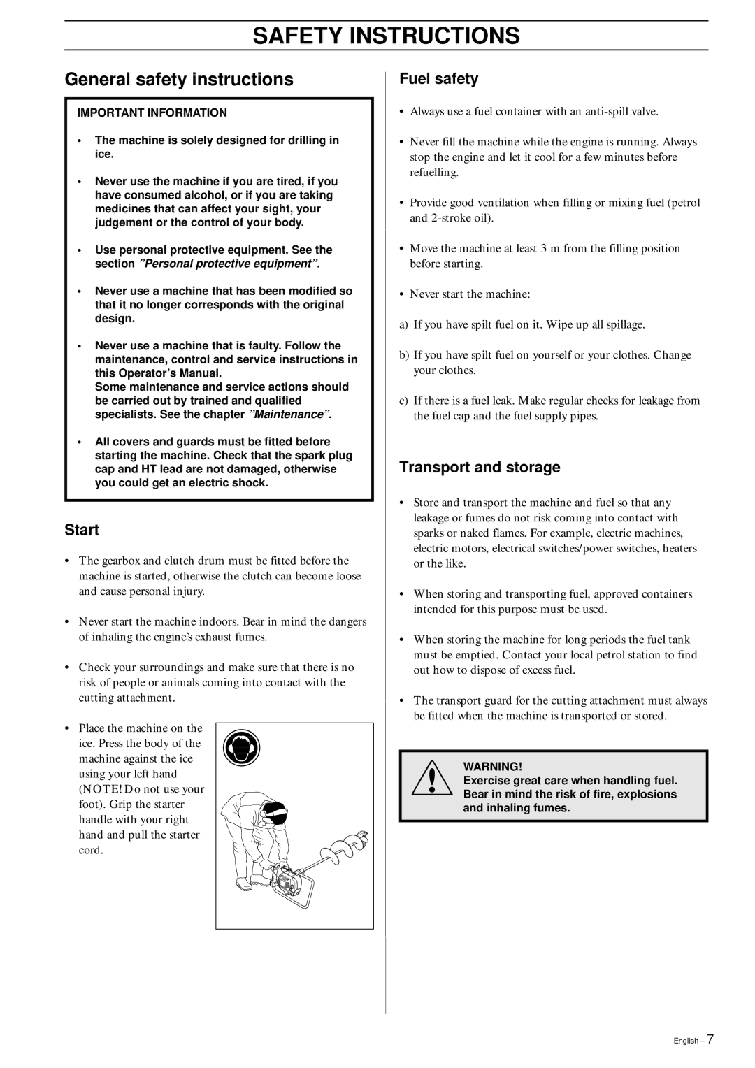 Husqvarna 225AI15/AI25 manual General safety instructions, Start, Fuel safety, Transport and storage 
