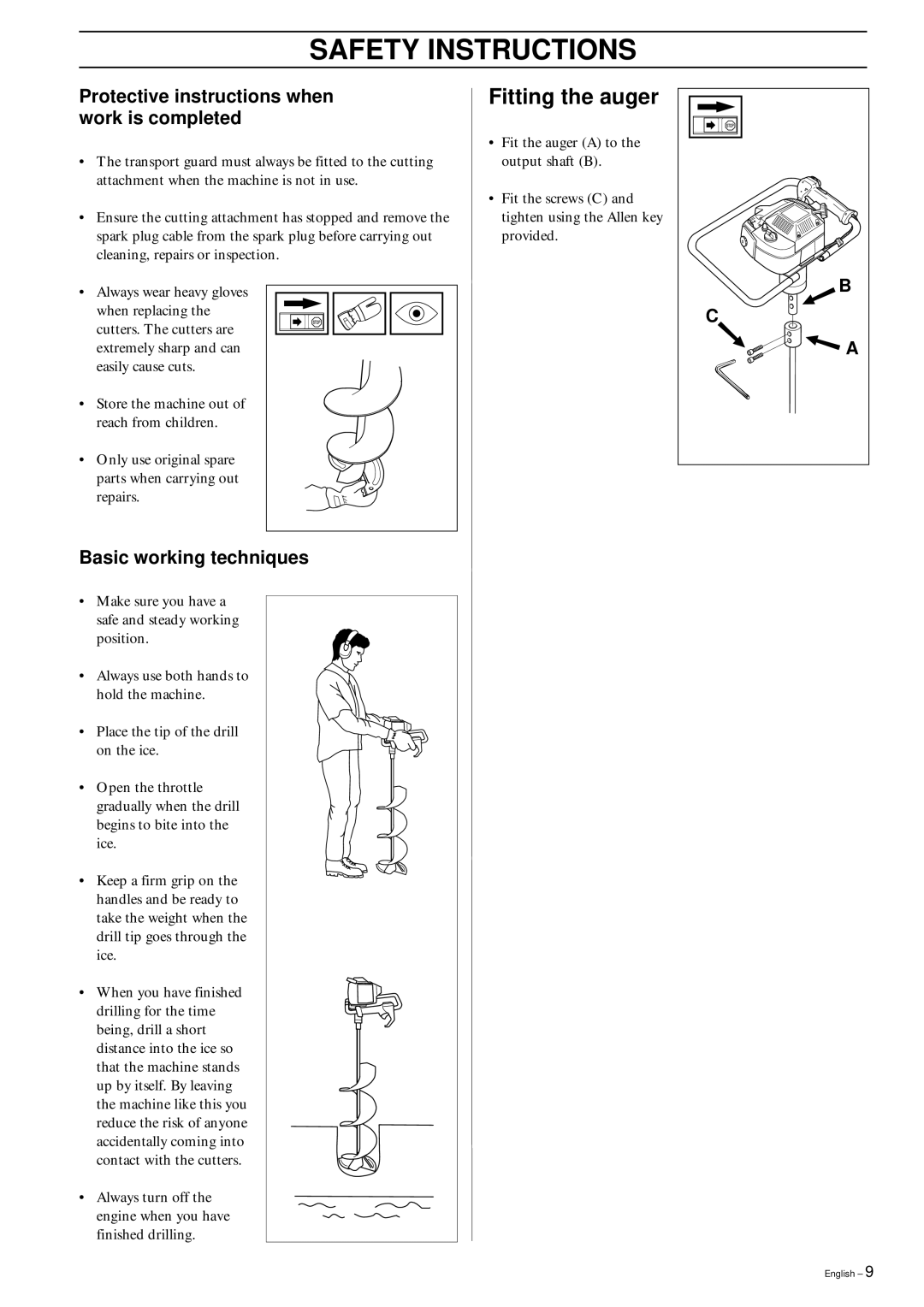 Husqvarna 225AI15/AI25 manual Fitting the auger, Protective instructions when work is completed, Basic working techniques 