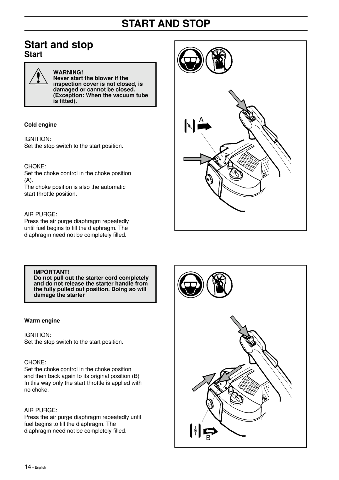 Husqvarna 225B X-Series manual Start and Stop, Start and stop 