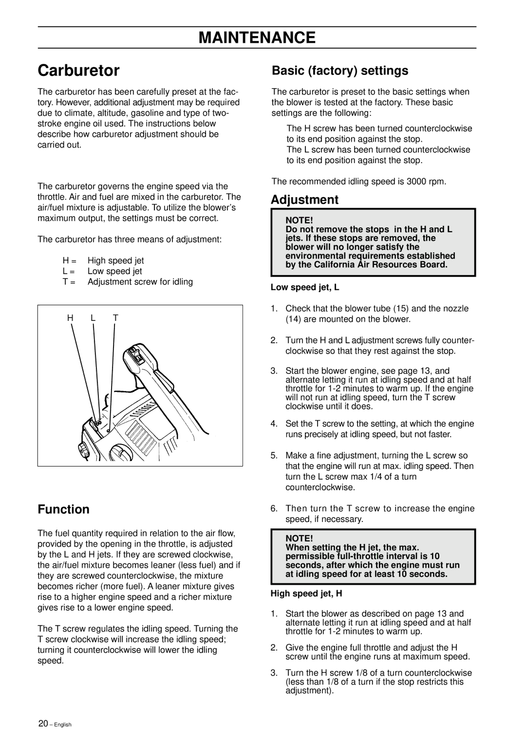 Husqvarna 225B X-Series manual Maintenance, Carburetor, Basic factory settings, Function, Adjustment 