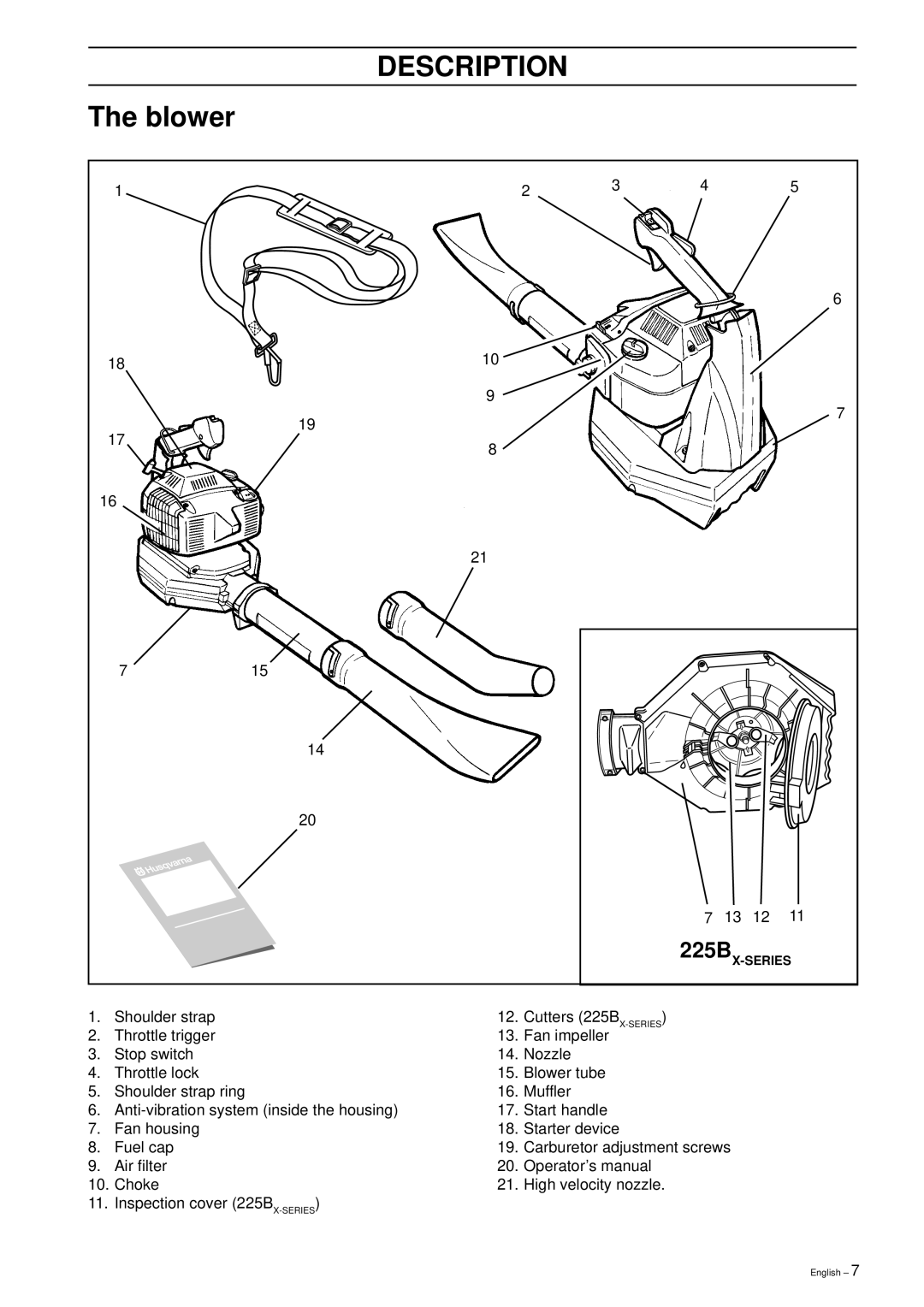 Husqvarna 225B X-Series manual Description, Blower 