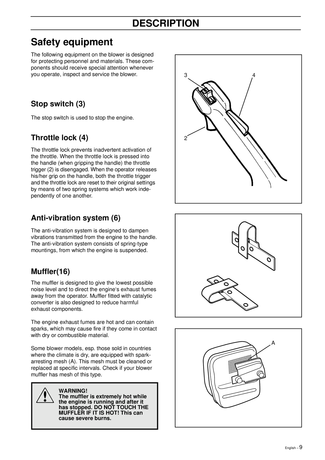 Husqvarna 225B X-Series manual Stop switch, Throttle lock, Anti-vibration system, Muffler16 