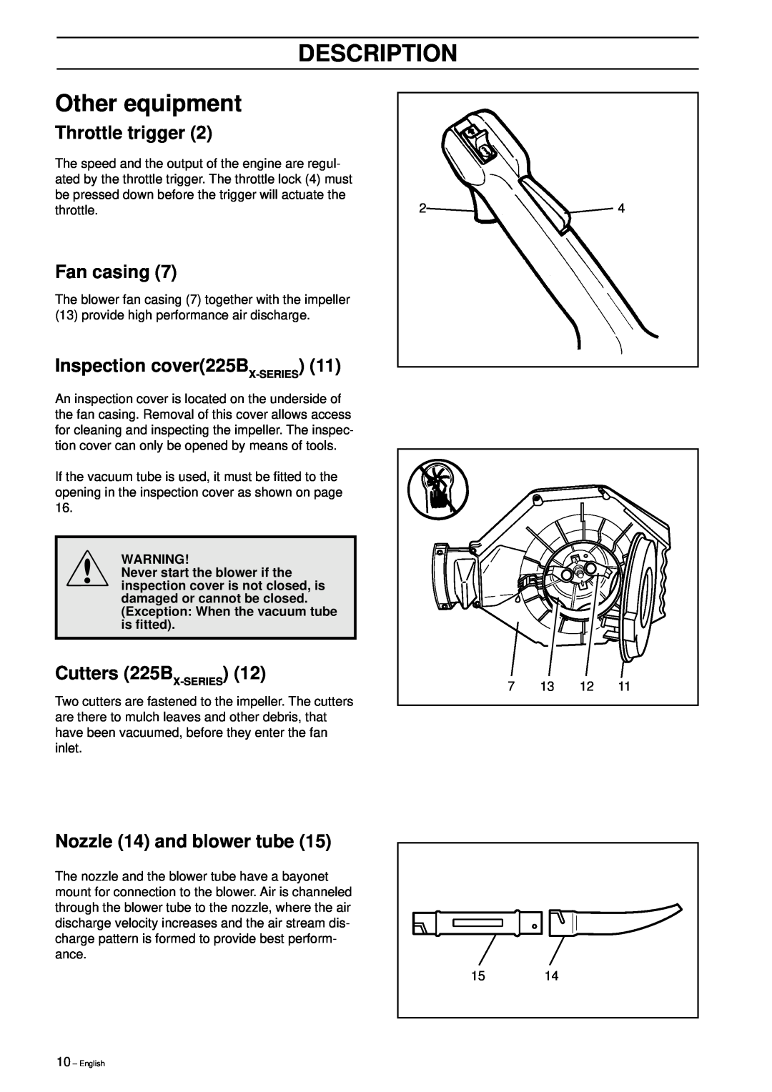 Husqvarna 225B X-Series manual Description, Other equipment, Throttle trigger, Fan casing, Inspection cover225BX-SERIES 